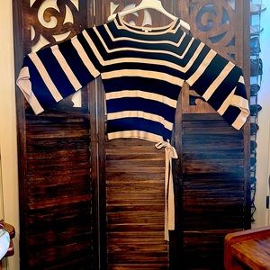 EUC L Boston Proper Tan & black stripe sweater with tan tie at the bottom